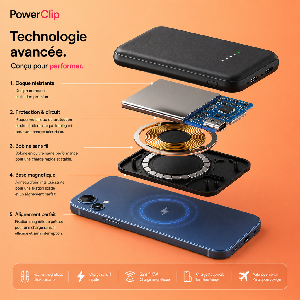 PowerClip Mini — Batterie Externe Magnétique Sans Fil 10 000mAh