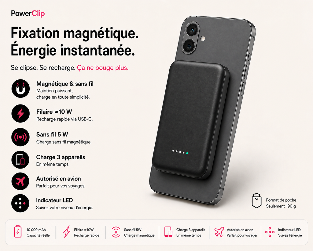 PowerClip Mini — Batterie Externe Magnétique Sans Fil 10 000mAh