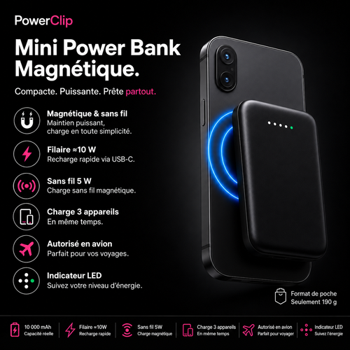 PowerClip Mini — Batterie Externe Magnétique Sans Fil 10 000mAh