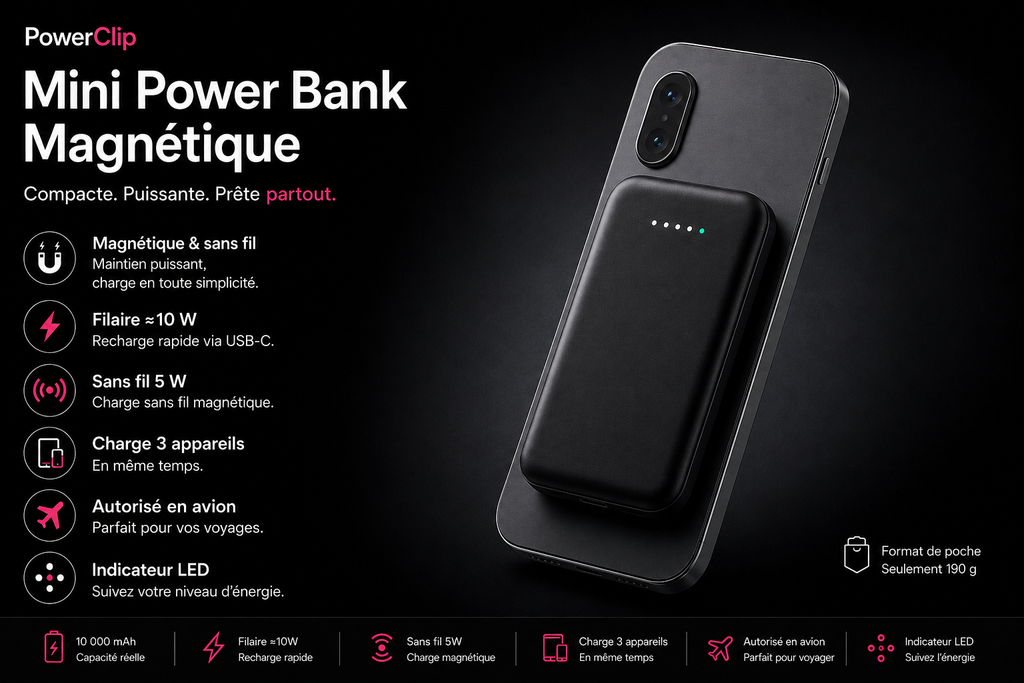 PowerClip Mini — Batterie Externe Magnétique Sans Fil 10 000mAh