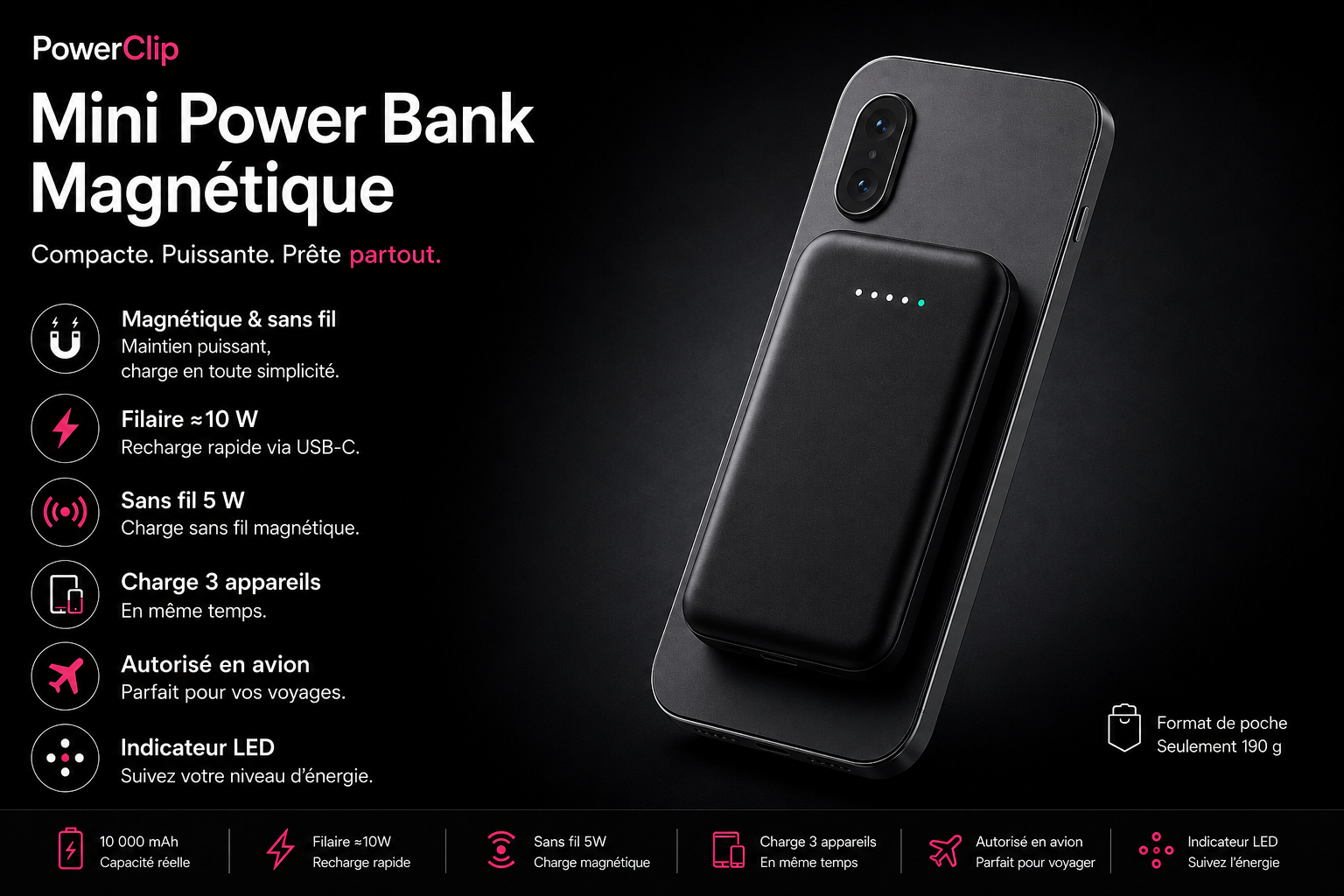 PowerClip Mini — Batterie Externe Magnétique Sans Fil 10 000mAh