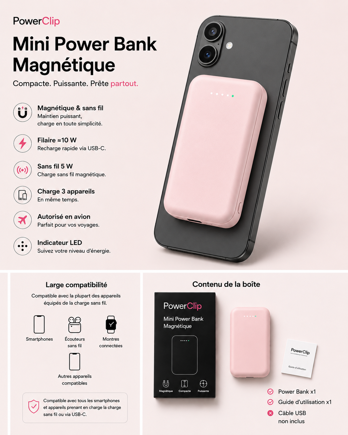 PowerClip Mini — Batterie Externe Magnétique Sans Fil 10 000mAh